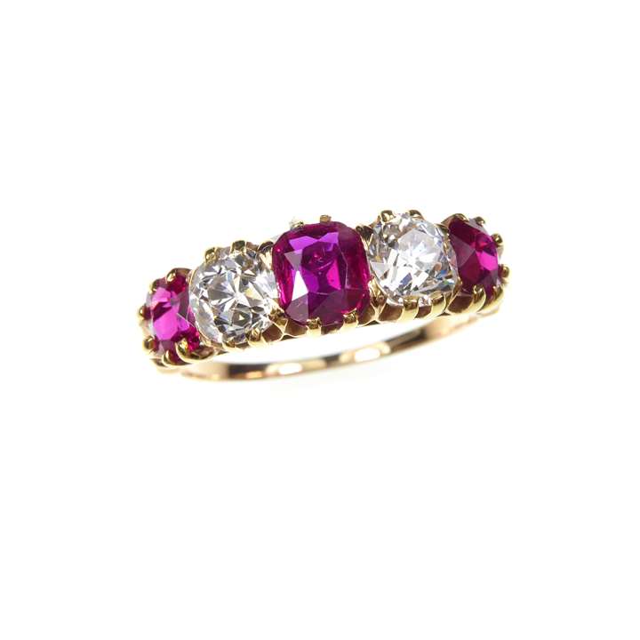 Antique ruby and diamond graduating five stone ring